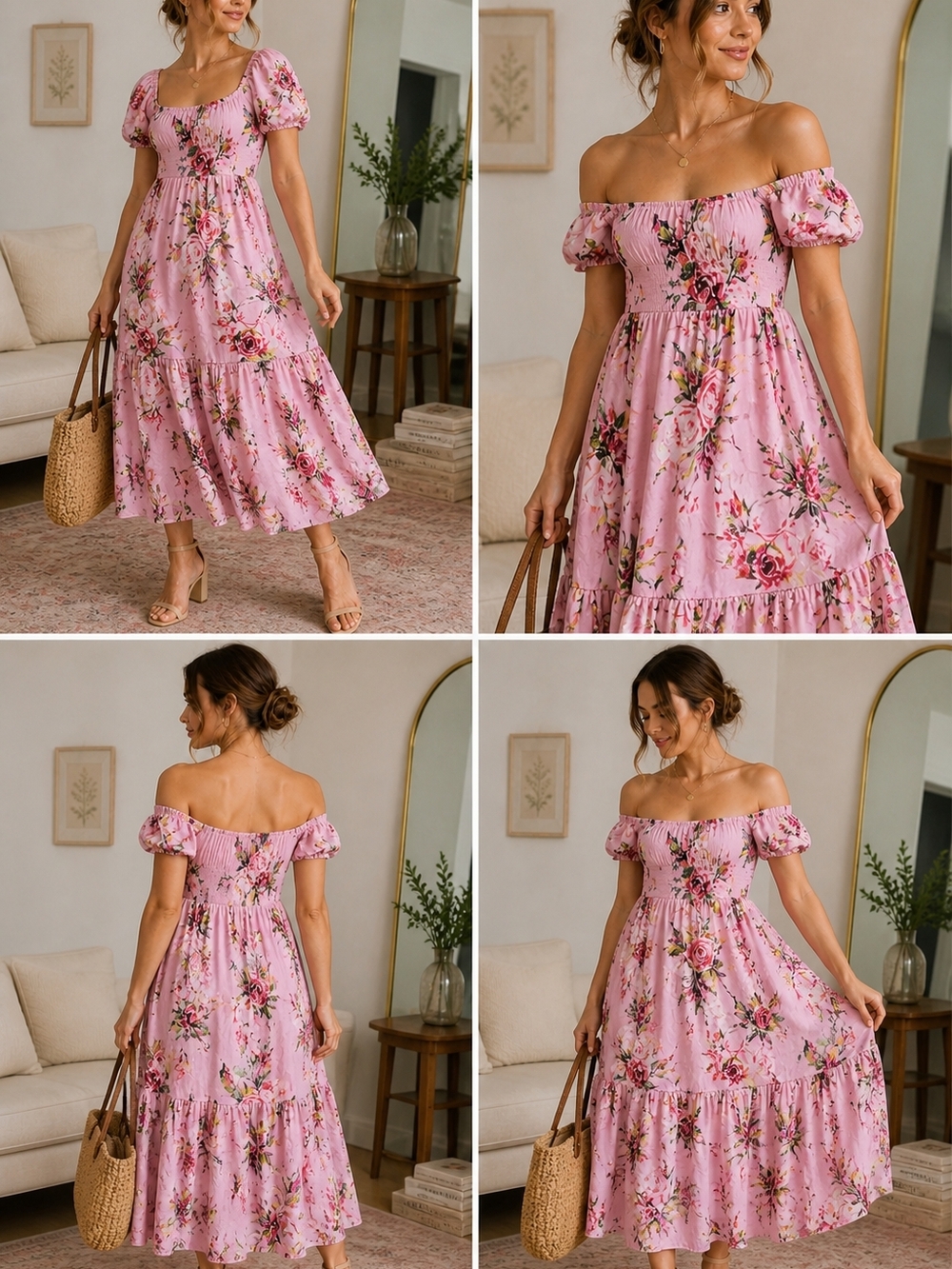 AFRM Pink Floral Ruffle Midi Dress Puff Sleeve Tiered Romantic M